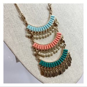 boho Gold tone long tiered colorful beaded necklace fun spring summer